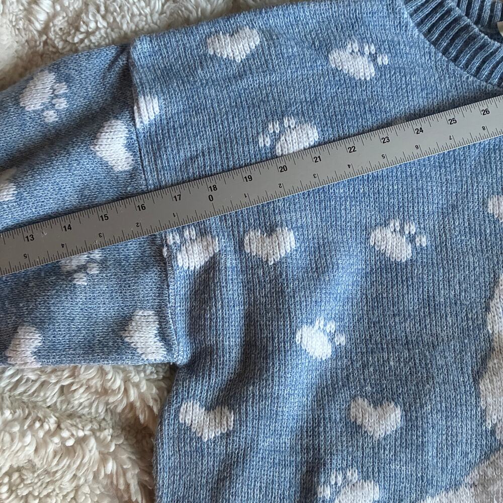 Vintage Sweater Womens Medium Blue/White Cat Paw & Heart Print Crewneck USA 90s - Picture 11 of 11
